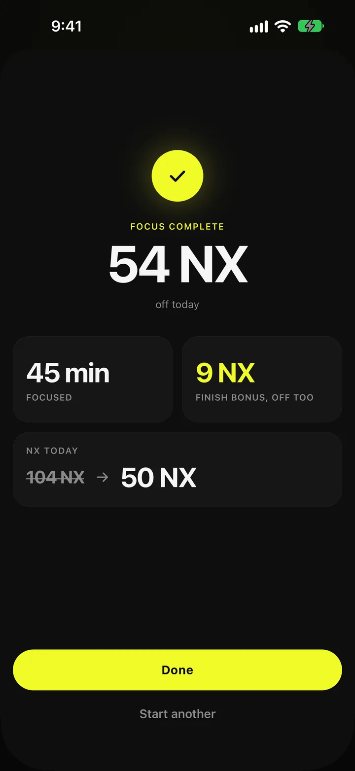 Focus complete: 45 minutes focused, 54 NX off today, NX today down from 104 NX to 50 NX.
