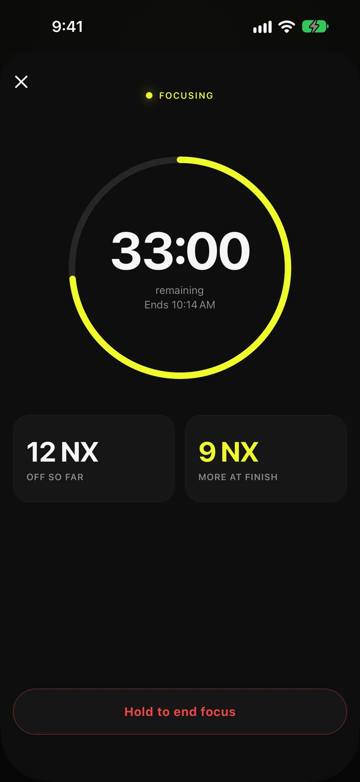 Focus running: 33 minutes remaining on the ring, 12 NX off so far, 9 NX more at the finish.