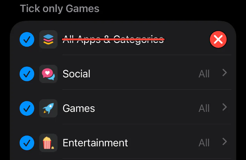 Apple's list after a tap on All Apps & Categories: Social, Games and Entertainment are ticked too, each marked All. The All Apps & Categories row is struck through in red.