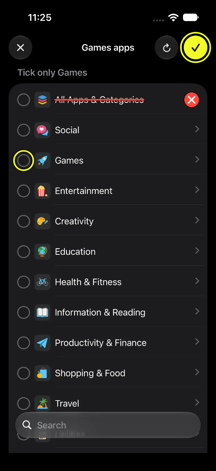 Apple's category list inside Scoreboard, on the Games step. Yellow rings mark the Games circle and the yellow check that saves. The first row, All Apps & Categories, is struck through in red.