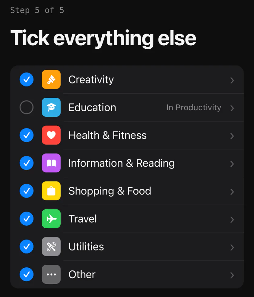 Scoreboard's step 5 of 5, Tick everything else. The app's picture shows Creativity, Health & Fitness, Information & Reading, Shopping & Food, Travel, Utilities and Other ticked; Education unticked, marked In Productivity.